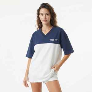 Camiseta Oversize de Mujer con Bloques de Color y Cuello en V, Manga Corta, Ajuste Holgado, Algodón Jersey Transpirable, Ideal para Primavera y Verano - Product Image 1