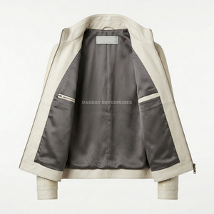 Custom Mens Cream Leather <b>Jacket</b> Supplier Wholesale High End Glossy Paneled Urban Streetwear Outerwear Fashion Moto <b>Racer</b> Coat - Product Image 3