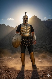 Conjunto de armadura espartana griega hecha a mano — Casco, coraza muscular (delantera y trasera), escudos redondos, brazaletes y soporte de cuero - Product Image 4