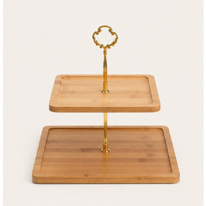 2-Tier Eco-Friendly <b>Square</b> Cake Stand with Luxury Gold Crown Handle Natural Wooden Dessert Display Tray for Cupcakes Pastries - Product Image 1