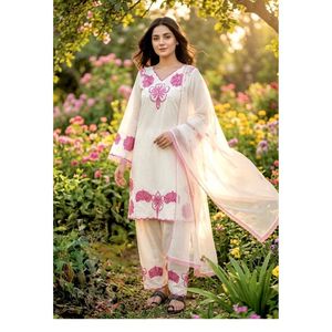 Premium glass satin embroidery thread work top bell sleeves farshi plazzo <b>elastic</b> waist dupatta organza <b>lace</b> ethnic wear - Product Image 1