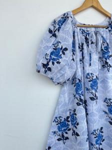 Women White Blue Floral Hand Block Printed Cotton <b>Maxi</b> <b>Dress</b> Tie Neck Puff Sleeve Loose A Line Boho Summer Vacation <b>Dress</b> - Product Image 3