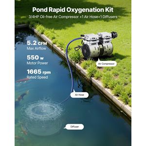 Aeratori per Acquacoltura da 5.2CFM per Laghi di 3 Acri, Compressore d'Aria da 3/4 HP, 1 Diffusore, 100 Tubi Pesati, Sistema di Aerazione per Stagni - Product Image 2