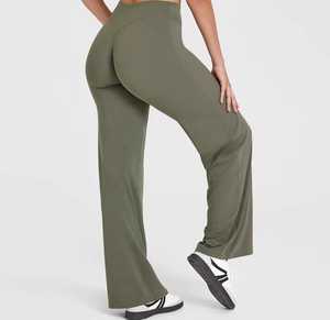 High Waist Full Length <b>Flared</b> <b>Leggings</b> Solid Color Stretch Knitted Women's Pants All Seasons Style - Product Image 5