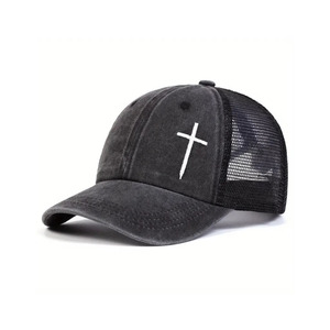 Gorra trucker de béisbol cristiana vintage de algodón lavado personalizado con bordado de cruz y parte trasera de malla, con efecto desgastado - Product Image 5