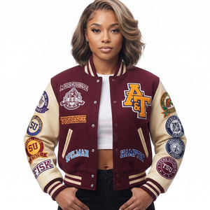 Chaqueta Bomber Corta Personalizada para Mujer 2026, Chaqueta Universitaria de Béisbol Varsity con Letras, Piel de Vaca, Lana Transpirable y Detalles en Cuero - Product Image 6