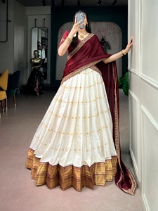 <b>Women</b> White And Maroon Silk <b>Lehenga</b> Choli With Gold Border For Traditional Indian Pakistani Wedding Wear - Product Image 3