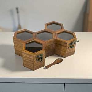 Hand Crafted Wooden Spice <b>Box</b> and Spoon, Masala <b>Box</b>, Spice Container, Salt <b>Box</b>, Dry Fruit <b>Box</b> Lid in Honeycomb - Product Image 4