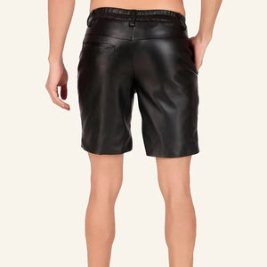 Pantalones Cortos de Cuero Genuino Negro Sólido para Hombre, Cierre con Botones, Cintura Media, Bolsillos con Cordón, Tejido Transpirable de Secado Rápido - Product Image 2