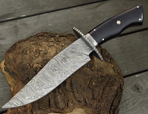 Couteau de chasse et Bowie en acier Damas, lame à pointe tombante, manche en cuir avec étui, OEM, longueur totale 30 cm - Product Image 3