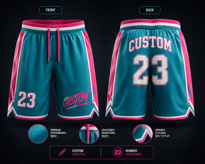 Pantalones Cortos de Baloncesto Personalizados para Hombre, Color Verde Azulado y Rosa, Impresión por Sublimación, Secado Rápido, Cintura con Cordón, Ropa Deportiva de Entrenamiento - Product Image 1