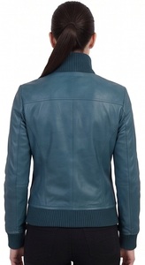 Chaqueta Bomber de Cuero Azul Turquesa para Mujer al por Mayor con Ribete de Punto Acanalado, Cuello Alto, Ecológica, Cortavientos, de Invierno, Estilo Aviador Personalizado - Product Image 5