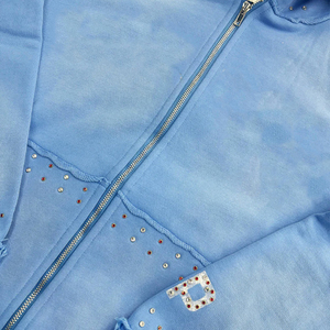 Wholesale New Style 100% Cotton HeavyweightAcid Wash Sky Blue Rhinestone Zip-Up Hoodie and Flared Sweat Pant Set - Product Image 4