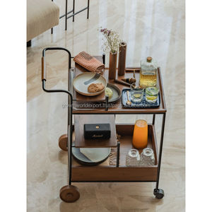 Chariot de service et de rangement moderne en bois massif et métal avec grandes roues |   Chariot utilitaire robuste pour la maison et le café 2026 - Product Image 3