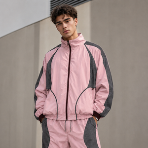 Men's <b>Pink</b> Gray Color Blocking Racer <b>Jacket</b> With Zipper Closure Sporty Loose Fit Stand Collar Breathable Spring Outerwear - Product Image 2
