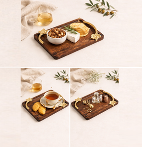Bandeja de servir hecha a mano de madera de mango con asas decorativas de hoja de latón dorado, tabla rectangular de madera para queso, para mesa de café - Product Image 5