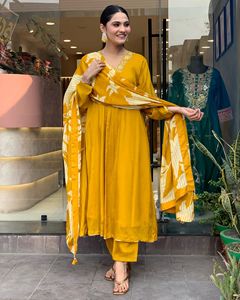 Latest Women's Mustard Chinon Silk Embroidery Kurti with Viscose Chanderi <b>Pant</b> With Chinon <b>Lineing</b> Dupatta Sets - Product Image 2