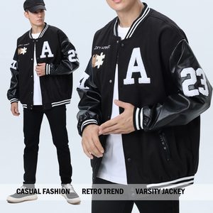 เสื้อแจ็คเก็ตวาร์ซิตี้สีดำสำหรับผู้ชาย ตกแต่งด้วยลายปักแบบจิ๊กซอว์  ด้านหลังมีลายปักข้อความ  ผลิตจากผ้าแคนวาสที่เป็นมิตรกับสิ่งแวดล้อม กันลม และระบายอากาศได้ดี - Product Image 2