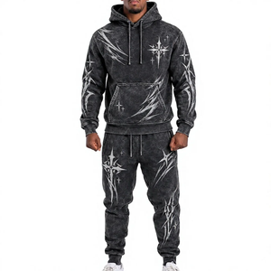 Custom LOGO Streetwear Jogging <b>Set</b> Zip up Acid Wash Tracksuit SweatSuit Hoodie and Straight Leg <b>Sweatpants</b> <b>Set</b> Men Hoodie - Product Image 1