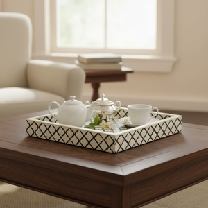 Luxury Bone Inlay Serving Tray | Elegant Black White Geometric Decorative Tray | Handmade <b>Coffee</b> <b>Table</b> Organizer with Handles - Product Image 1
