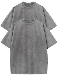 T-shirt pour homme le plus vendu, nouveau style, délavé à l'acide, col rond, couleur unie, en coton tricoté épais - Product Image 1