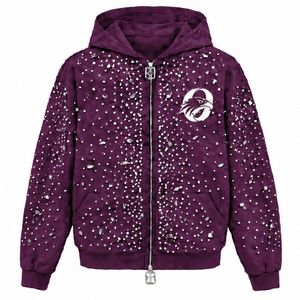 Sweat à capuche zippé Plum Pearl avec cristaux étincelants, style streetwear tendance, manches longues, avec poche avant - Product Image 1