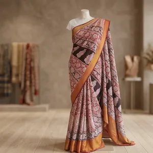 Sari indien traditionnel en soie, motif Kalamkari dessiné à la main, imprimé floral roux, pour usage quotidien et festivals ethniques - Product Image 6