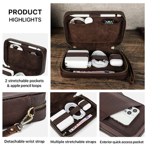 Organisateur de voyage en cuir véritable avec fermeture éclair, rangement multifonctionnel pour câbles de charge et accessoires électroniques - Product Image 3