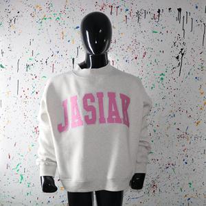 JASIAK ASH GREY <b>Mock</b> <b>Neck</b> Sweatshirt 100% PINK Applique Embroidery wide <b>neck</b> Sweatshirt Finer Threads - Product Image 1
