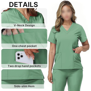 Women's Green Hospital <b>Scrub</b> <b>Set</b> with Pockets Cotton Woven Fabric Pants and Top - Product Image 3