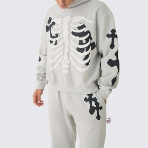 Men Gray Hooded Tracksuits <b>Full</b> Sleeve <b>Skeleton</b> Print Sweatshirts And Pant Streetwear Casual Autumn Wear 100% Cotton Breathable - Product Image 3