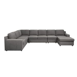 Divano Sezionale a U Waylon 145.5'' in Lino Grigio a 7 Posti con Chaise Longue e Tasca per Soggiorno - Product Image 2