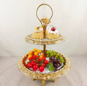 Three Tier <b>Gold</b> Plated <b>Serving</b> <b>Tray</b> Stand Round Decorative With Handle For Party Display - Product Image 6
