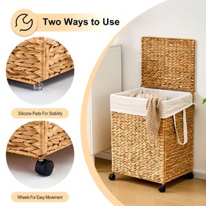 Cesto Portabiancheria Intrecciato in Giacinto d'Acqua Naturale con Coperchio e Ruote - Product Image 4