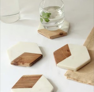 Premium Handmade Wooden and Natural Marble Coaster Set for Drinks, Heat Resistant Non-Slip <b>Table</b> <b>Protection</b> Mats for Coffee - Product Image 1