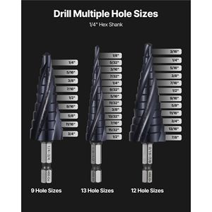 1/8 to 7/8 Inch Multipurpose <b>Step</b> <b>Drill</b> Bit Set 3 Pieces with 1/4 Inch Hex Shank TiAlN Coating Cobalt HSS High Speed Steel - Product Image 3
