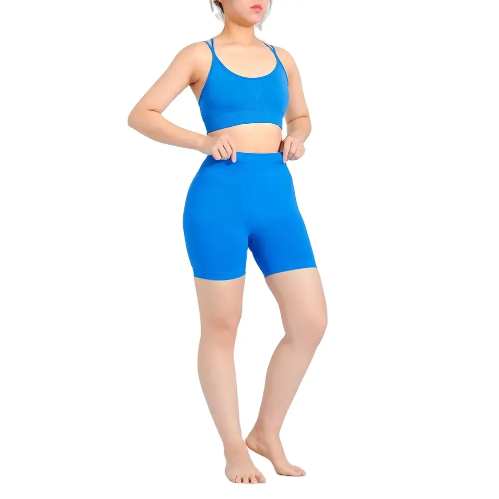 Logo personnalisé 2 pièces doux Fitness Gym court sans couture femme ensemble de vêtements de sport fabricant Yoga court ensemble d'entraînement