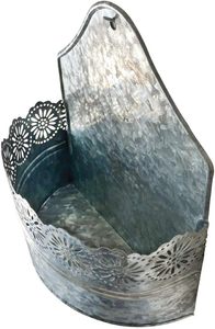 Galvanized Metal Wall Hanging Planter with Decorative Floral Cutout Rustic Indoor Outdoor Flower Pot - Product Image 5