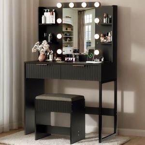 Toeletta per Trucco con 2 Cassetti e 4 Ripiani, in Truciolato Nero con Finitura Melaminica, 10 Lampadine a Tonalità Variabili, Design a 3 Tonalità - Product Image 3
