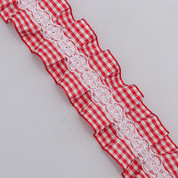Ruban en tissu à carreaux gingham avec bordure à volants et dentelle florale centrale pour la couture de vêtements, le bricolage et la décoration artisanale (vente en gros)
