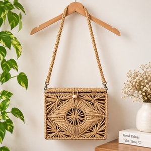 <b>Boho</b> Geometric Handmade Raffia Woven Straw Crossbody Beach Shoulder <b>Bag</b> with Drawstring Closure for Women - Product Image 1