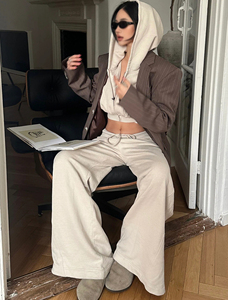 Women's Casual Solid Color <b>Knitted</b> Hoodie Pants <b>Set</b> Loose Fit Full Length Breathable Cotton Sportswear Outfit Women's <b>Sets</b> - Product Image 3