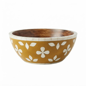 Bol en bois incrusté d'os jaune moutarde, design floral de luxe, en bois de manguier, pour salade, style marocain premium, en résine et bois, pour table - Product Image 1