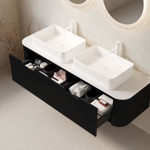 DINA 60\" <b>Wall</b> Mounted Bathroom Vanity with <b>Floating</b> Curved Edges Striped 2-Whit Drawers 2 Sinks Storage Cabinet - Product Image 2