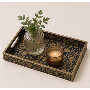 Handcrafted Set of 3 Decorative Wooden <b>Serving</b> <b>Trays</b> with Vintage Floral <b>Gold</b> & Black Design Rectangular Platters with Handles - Product Image 4