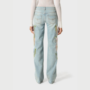 Jeans de Mezclilla de Cintura Media y Pierna Recta con Bordado Floral, Transpirables, Ecológicos, Lavables, Casuales, de Longitud Completa para Mujer, Primavera - Product Image 1