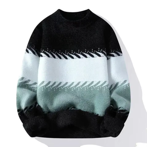 Pull en maille épaisse à motif géométrique bleu, noir et blanc, chaud pour l'hiver, manches longues, coupe classique – Grande Vente - Product Image 2