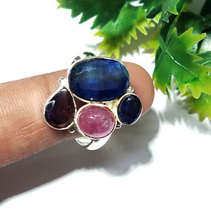 Bague Statement Ovale Multi-Pierres en Argent Sterling 925 Massif, Style Bohème, avec Kyanite Bleue Naturelle, Améthyste et Rubis Rose, par un Troisième Partie - Product Image 3
