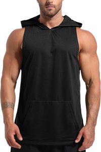 Men's <b>Black</b> Hooded Sleeveless <b>Tank</b> <b>Top</b> With Pockets Quick Dry Sporty Fit Knitted Mesh Gym Vest - Product Image 4
