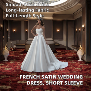 Robe de mariée style français moderne en satin et dentelle, longueur ras du sol, grande taille, manches courtes, élégante, taille basse - Product Image 4